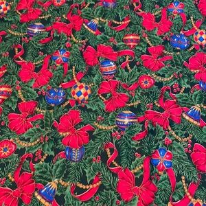 Christmas fabric- blue ornaments & red bows